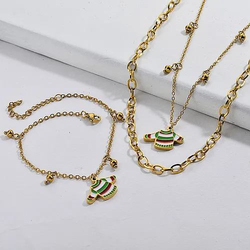 Stainless Steel Gold Plated Christmas Sweater Necklace Earrings Sets