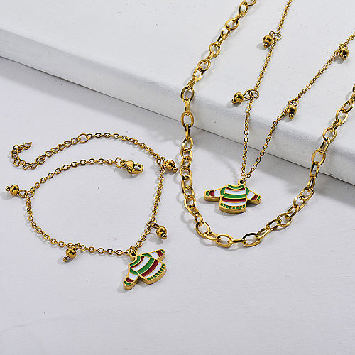 Stainless Steel Gold Plated Christmas Sweater Necklace Earrings Sets
