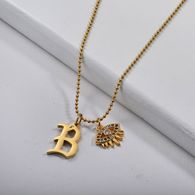 Gold Letter B With Evil Eye Copper Charm Necklace