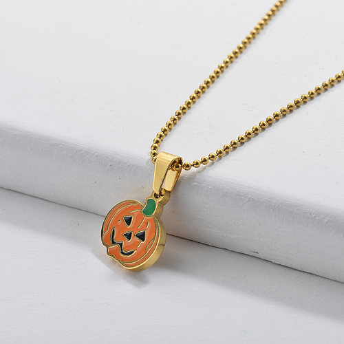 Cute Gold Pumpkin Head Pendant With Ball Chain Necklace Halloween Jewelry