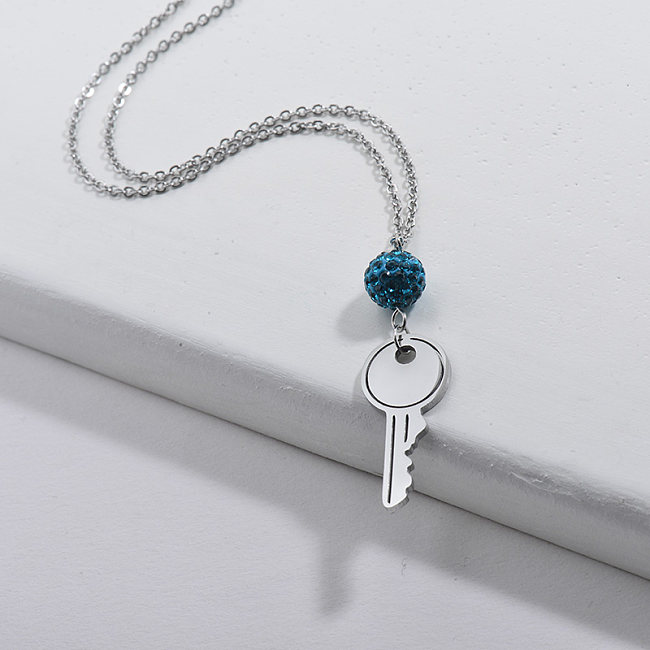 Fashion Silver Key Pendant With Blue Crystal Gemstone Necklace For Girls