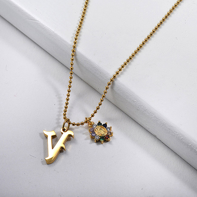 New Design Letter V With Religious Flower Pendant Necklace