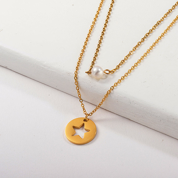 Gold Hollow Star Round Pendant With Pearl Layer Necklace