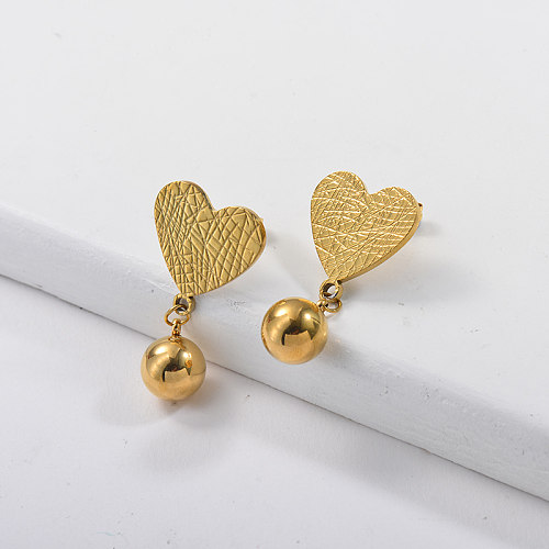 Gold Plating Heart Earrings with Golden Ball Cute Style
