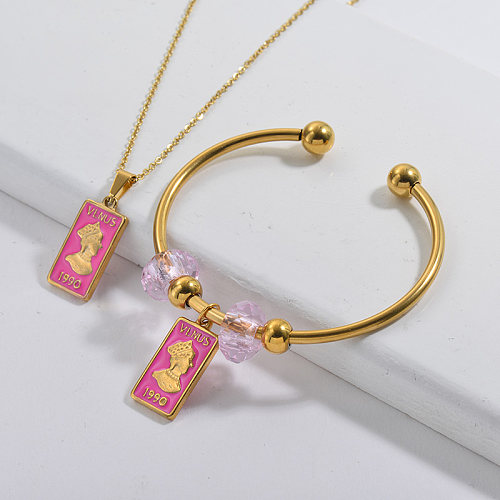 Stainless Steel Famous Brand Gold Plated Vinus Charm Neckalce Bangle Jewelry Set