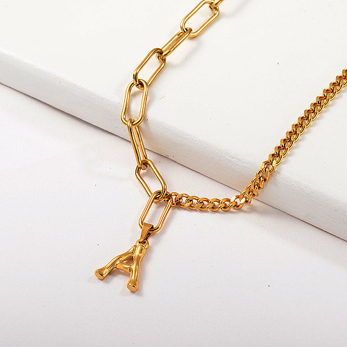 Trendy Letter A Pendant Curb Mixed Link Chain Necklace