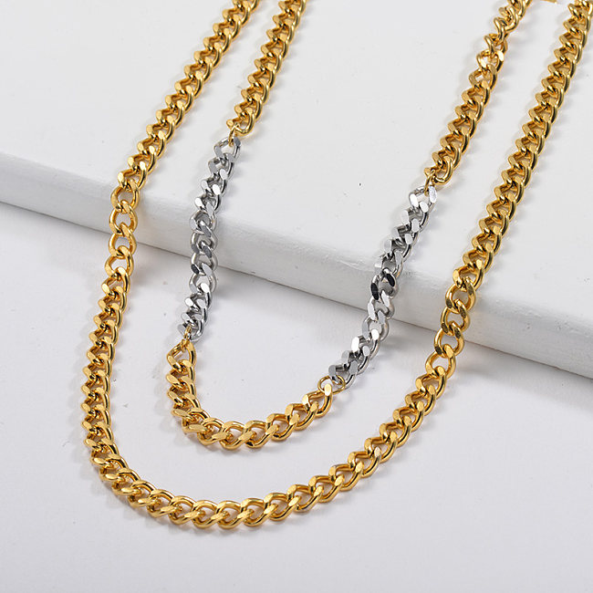 Collar grueso con cadena de eslabones mixtos de doble color en oro plateado