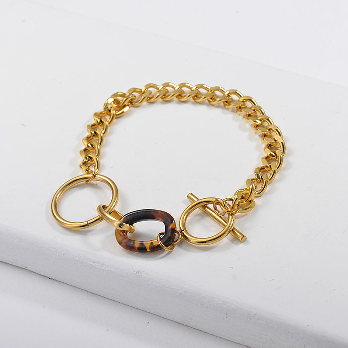 Bracelet chaîne polie en acier inoxydable doré avec pendentif imprimé léopard