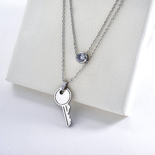 Trendy Silver Key Charm With Clear Zirconia Double Chains Necklace For Women