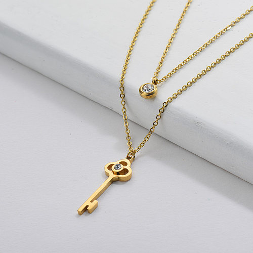 Elegant Golden Key Charm With Crystal Layer Necklace