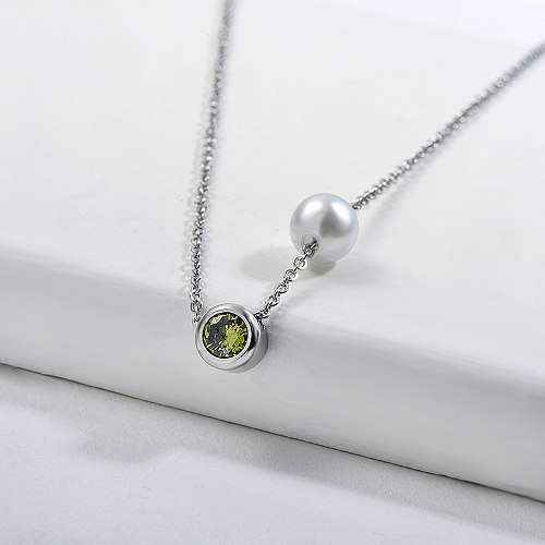 Silver Stainless Steel Necklace Pearl With Green Zircon Charm Necklace