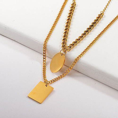 Simple Gold Round Square Geometry Pendant Chunky Curb Link Chain Layer Necklace