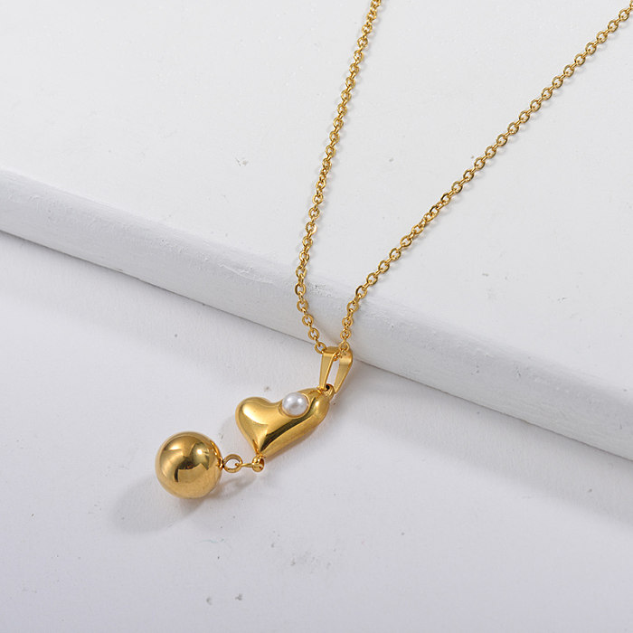 Cute Gold Heart With Pearl Pendant Necklace