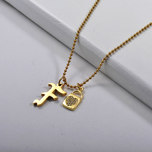 Custom Gold Gothic Style Letter F With Lock Charm Beaded Necklace