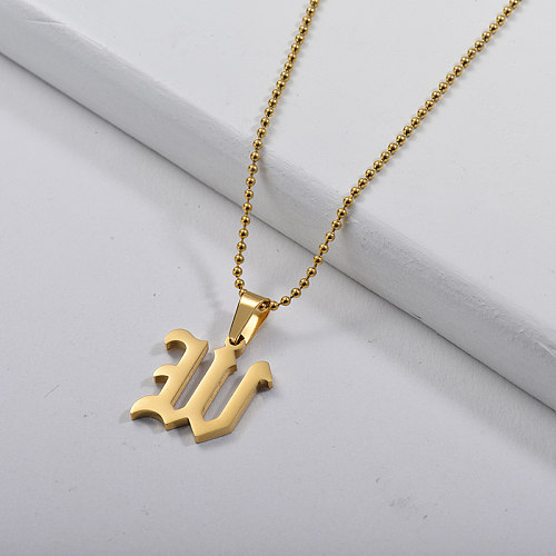 14K Gold Gothic Style Initial Letter W Charm Bead Necklace