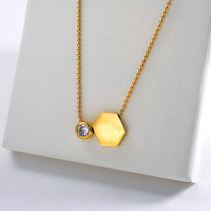 Gold Hexagon Geometry With Zircon Charm Ball Chain Necklace