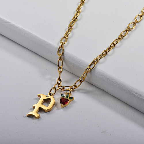 Trendy Gold Letter P Pendant With Apple Copper Charm Cable Chain Necklace