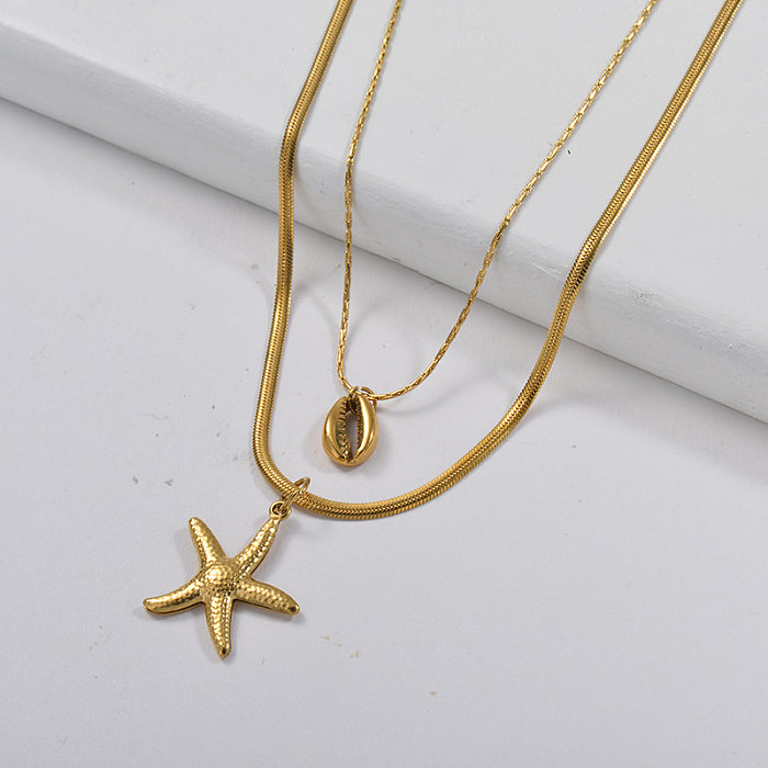Estrella de mar de oro al por mayor con collar de capa de cadena de serpiente Puka Shell