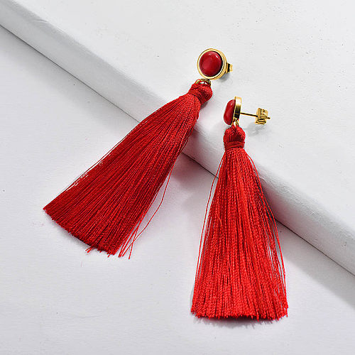 Gold Tassel Earring Red Tassel with Ruby Stone