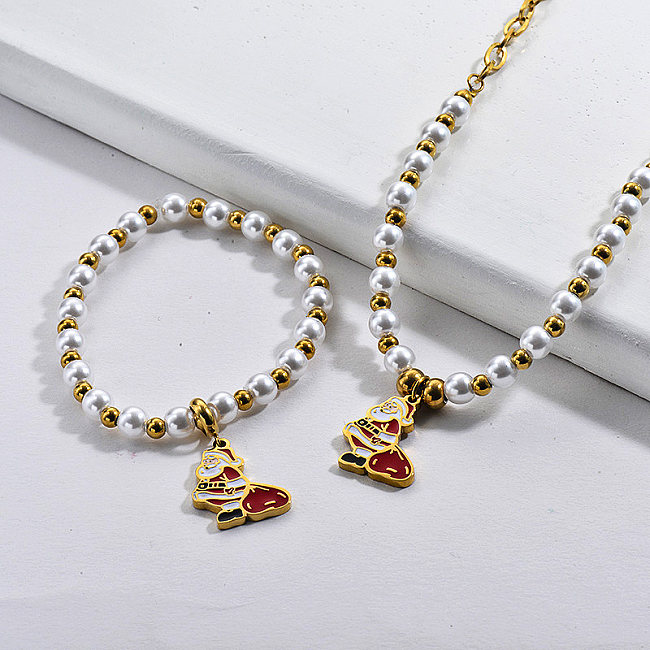 Wholesale Stainless Steel Gold Plated Pearl Santa Claus Necklace Bangle Set
