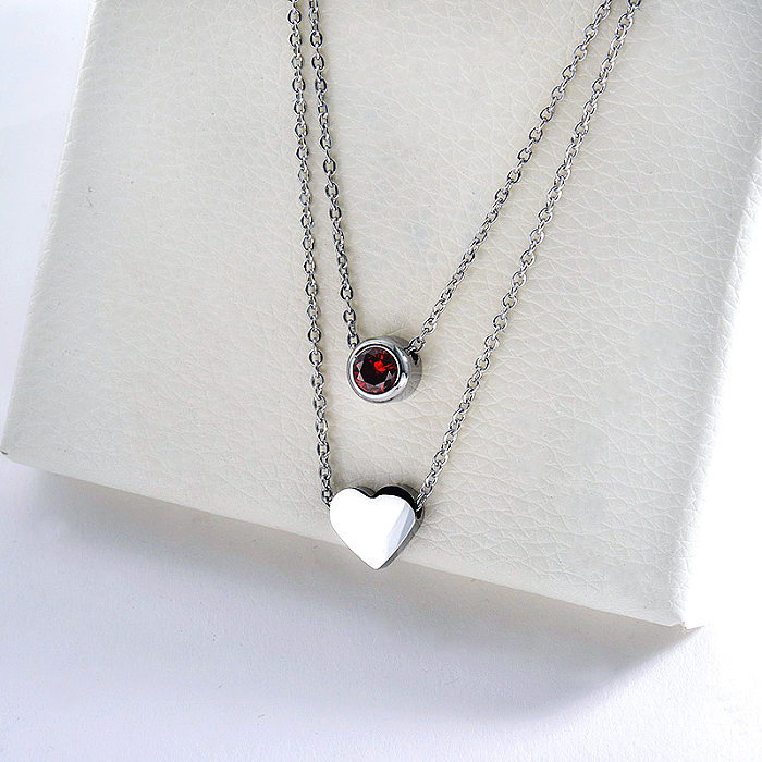 Fashion Silver Heart Charm With Red Zircon Double Chains Necklace For Women