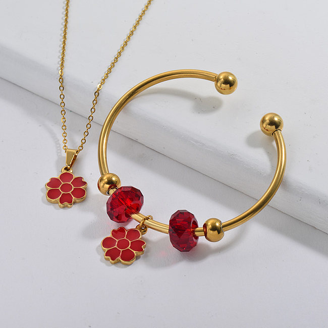 Conjunto de joias com pulseira em aço inoxidável de marca famosa folheada a ouro flor charme neckalce
