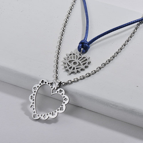 Fashion Silver Hollow Heart Lace Pattern Charm Blue Rope Chain Layered Necklace For Women