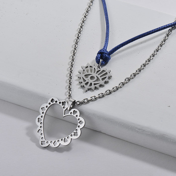Mode Silber Hollow Heart Lace Muster Charm Blue Rope Chain Layered Halskette für Frauen