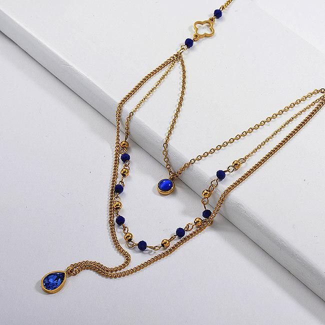 Fahion Clove Charm With Blue Gemstone Crystal Beaded Link Chain Necklace