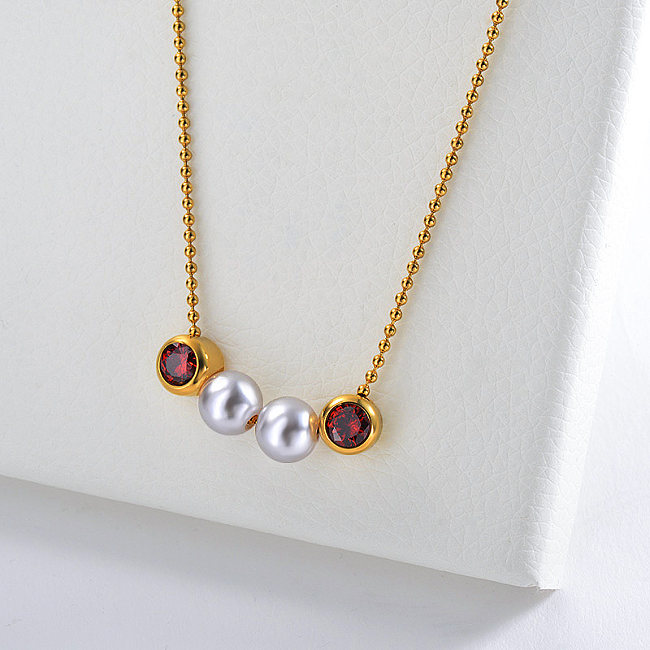 Fashion Pearl With Red Zircon Charm Gold Necklace For Girlfriend