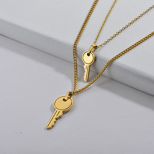 Stainless Steel Gold Key Charm Double Chains Necklace For Women