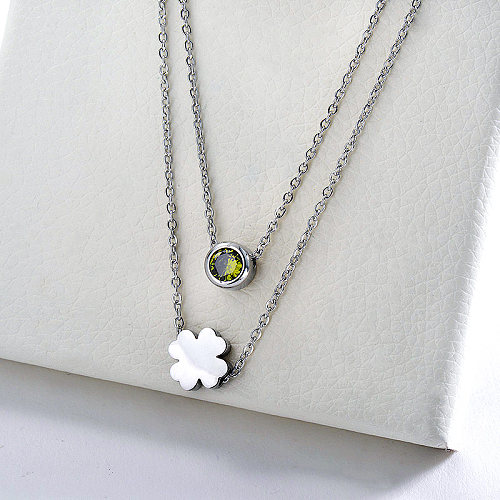 Silver Stainless Steel Clover Charm With Zircon Layer Necklace