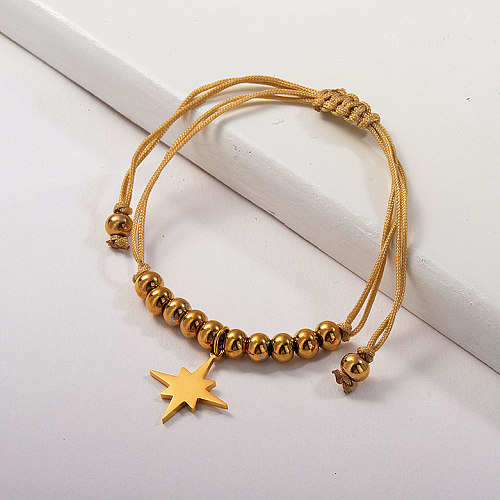 Star Pendant Hand-Made Stainless Steel Gold Plated  Beaded Cream-Coloured Bracelet