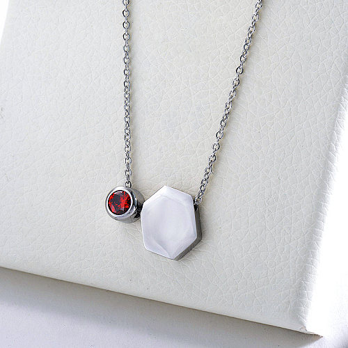 Fashion Silver Hexagon Geometry Charm With Red Zirconia Necklace For Women