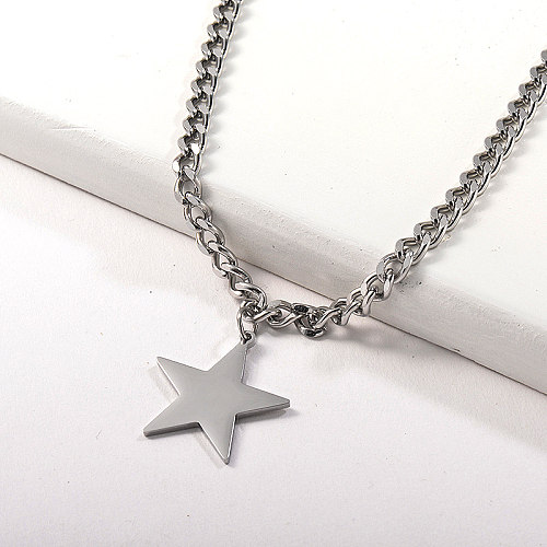 Silver Star Statement Pendant Curb Link Chain Necklace