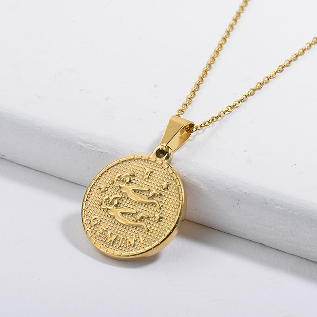 Custom Gold Constellation Gemini Lucky Round Tag Pendant Zodiac Necklace
