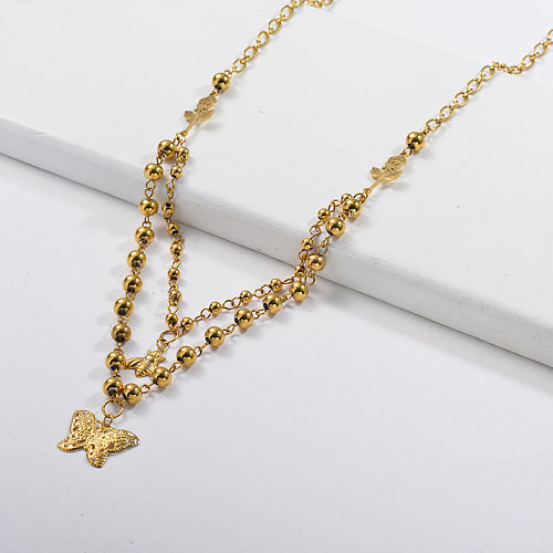 Collar de cadena de eslabones en capas con abalorio de abeja y mariposa de oro de moda