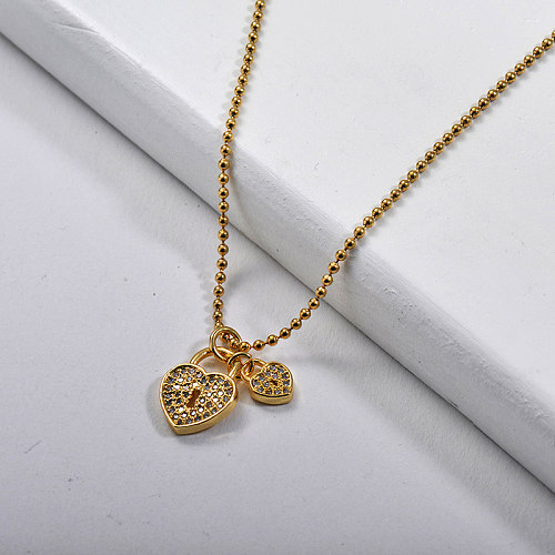 Collier à breloques en or double cœur avec zircon transparent pour petite amie