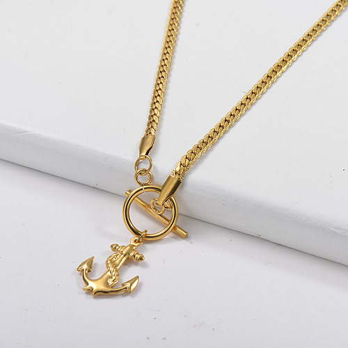 Gold Anchor Pendant OT Clasp Snake Chain Statement Necklace