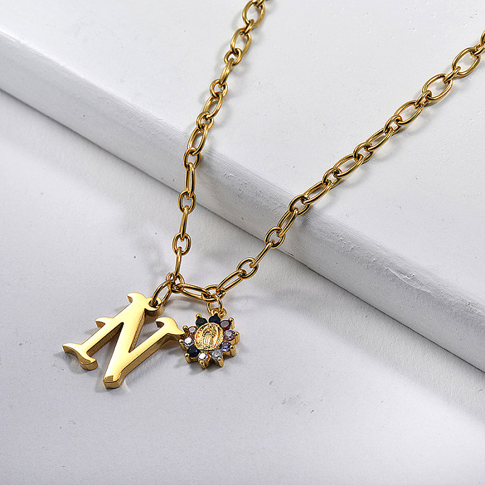 Simple Gold Plating Letter N With Saint Pendant Necklace