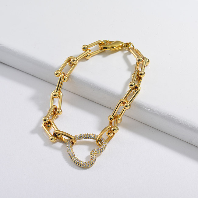 Popular U-shaped bracelet, white zircon heart-shaped copper pendant
