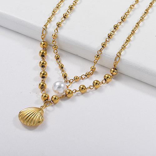 Gold Shell With Pearl Beaded Layer Chain Necklace For Women