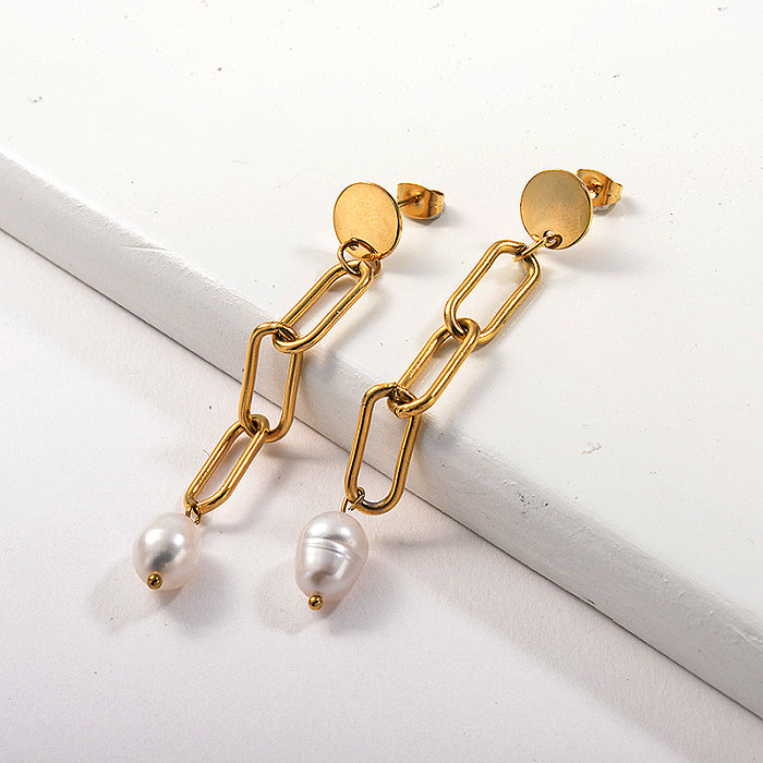 Brincos de pérola em aço inoxidável com design de corrente para joias folheadas a ouro