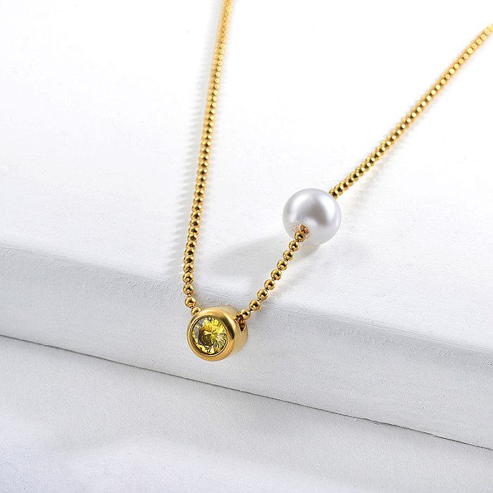 Trendy Pearl Yellow Zircon Charm Gold Beads Chains Necklace
