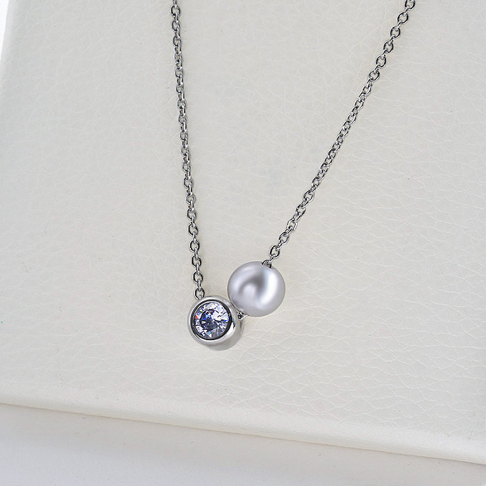Simple Pearl With Clear Zircon Charm Silver Necklace For Women