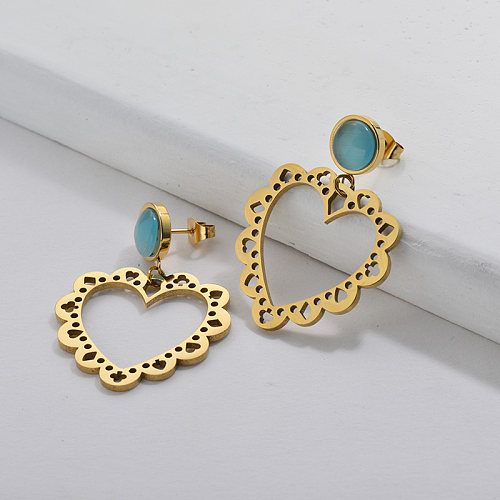 Gold Heart Earring with Blue Opal