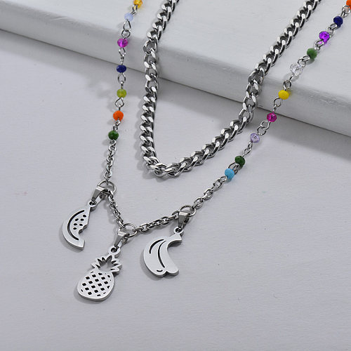 Silver Plated Colorful Beads Pineapple Banana Fruits Layered Necklace For Women