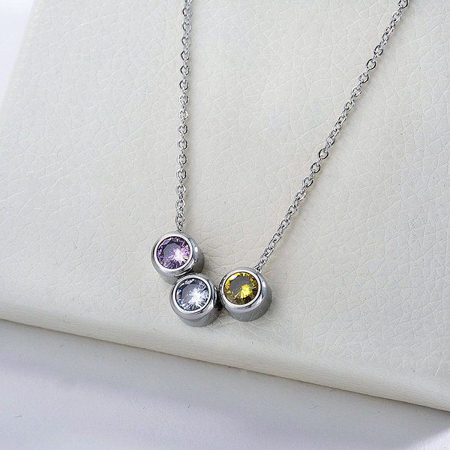 Trendy Stainless Steel Silver Three Pieces Zircon Charm Necklace Fow Women