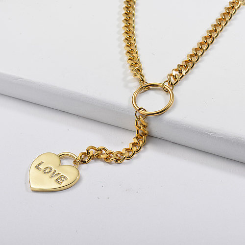 Gold Heart Pendant Y Shaped Curb Link Chain Necklace