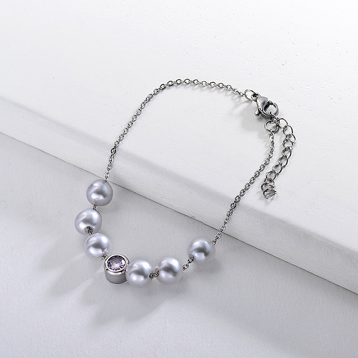Pulsera de perlas de acero inoxidable con colgante de circonitas blancas